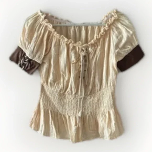 Women’s Cream Peasant Blouse with Brown Sleeve Accents - Picture 1 of 8